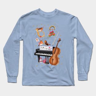 Christmas with winter birds and music instruments Long Sleeve T-Shirt